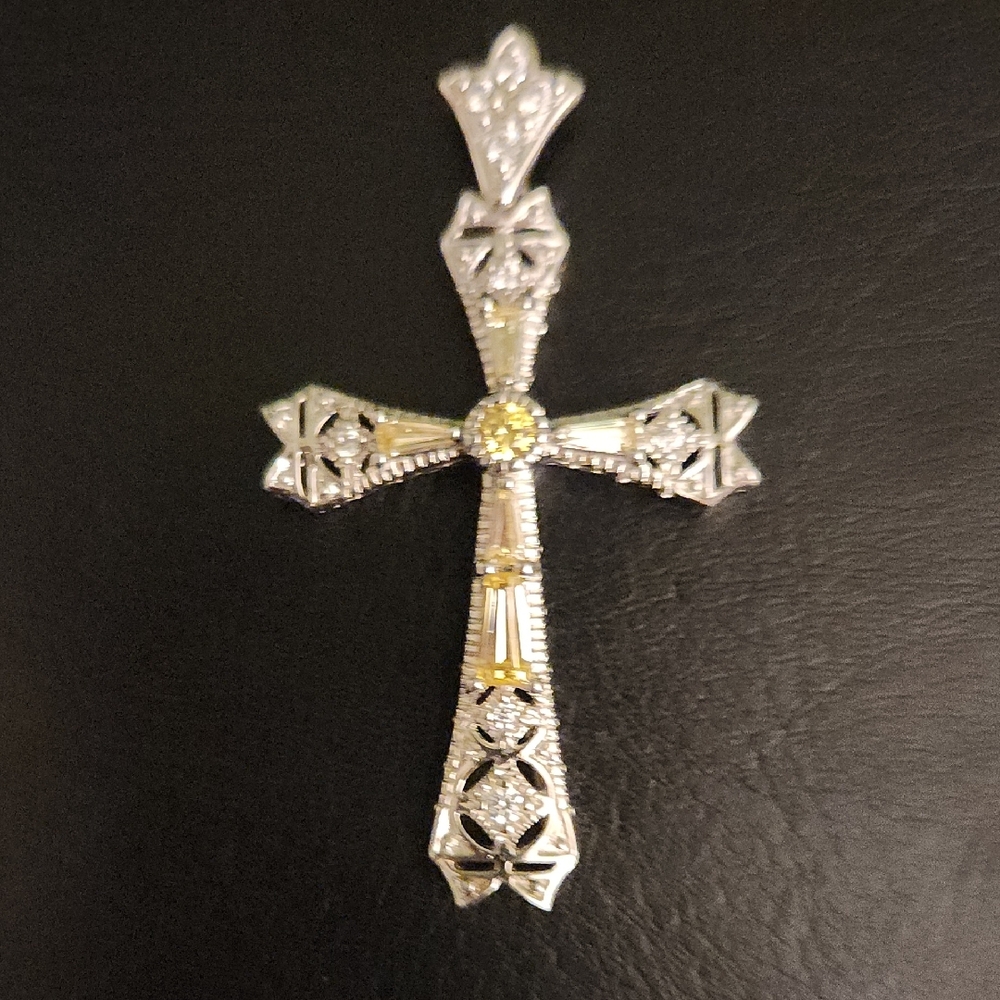 Sterling Silver and White & Yellow CZ Ornate Cross Pendant